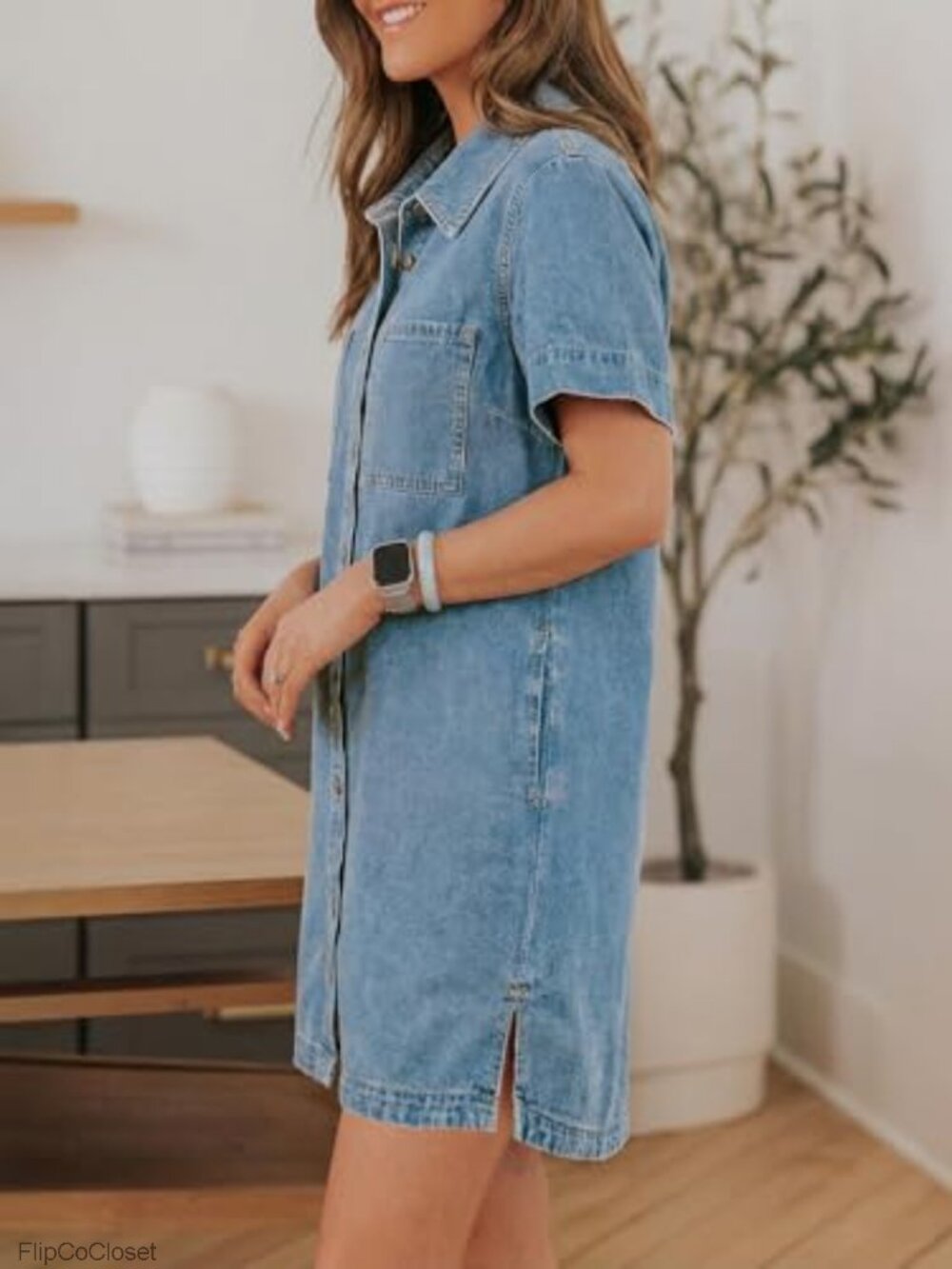 Button Down Denim Dress Short Sleeve Babydoll Mini Jean Shirt Dress - Picture 3 of 6